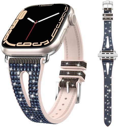 Kamita Bling Cinturino per Apple Watch Serie 42mm 44mm 45mm 46mm 49mm, Cinturini Regolabile in Diamante per Ragazze Donne, Silicone Scintillante Ricambio Watchband per iWatch 10 9 8 7 6 (Blu Scuro)