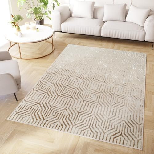 TAPISO Crystal Teppich Kurzflor Glänzend Braun Creme Beige Geometrisch Linien 3D Effekt Wohnzimmer Schlafzimmer Moderner Design ÖKO-TEX 300 x 400 cm