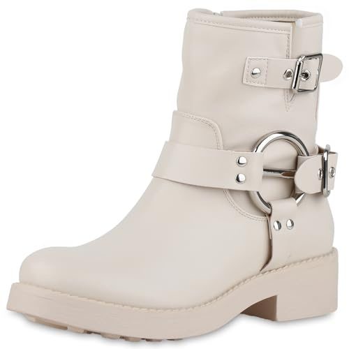 VAN HILL Damen Biker Boots Blockabsatz Schnallen Trendy Schuhe 214052 Beige 36