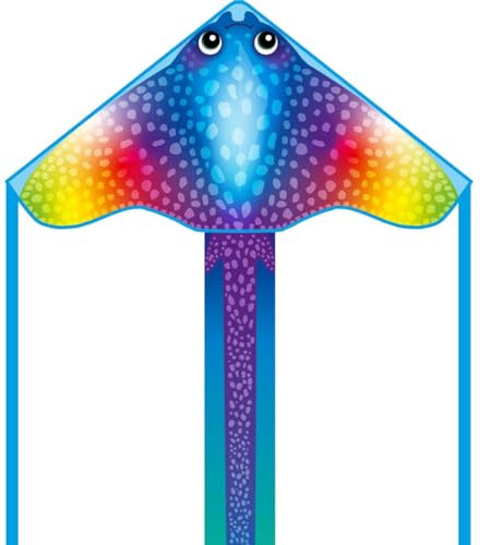 HQ Ecoline Simple Flyer Manta 85cm Kinderdrachen Flugdrachen Einleiner Drachen zum steigen Lassen, wenig Wind ab 5 Jahre, 42x85cm+1.5m Drachenschwanz inkl. 17kp Polyesterschnur 25m auf Griff, 2-5 Bft