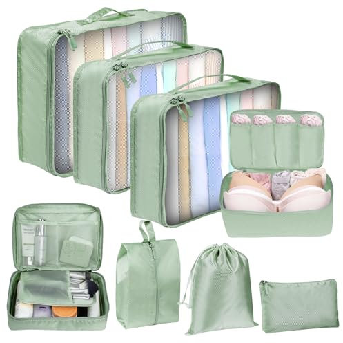 Koffer Organizer, 8 Teilig Packing Cubes, Packwürfel, Koffer Organizer Set, Kofferorganizer, Travel Organizer, Organizerkoffer, Packtaschen für Koffer (Olive Grün)