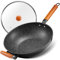 BEZIA Nonstick Wok Induction, 33cm Non Stick Wok Pan with Lid, Stir-Fry Wok with Flat Bottom, Removable Wooden Handle, Compatible All Stoves