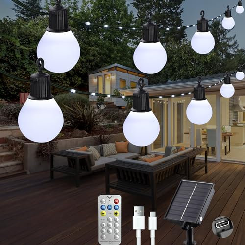 Litark Solar Lichterkette Aussen mit 20 Glühbirnen- 10m 100 led Außen Gärten Solar mit Fernbedienung, Wetterfest, USB-aufladung,Solarlichterkette für Outdoor,Balkon Deko (Weiß)