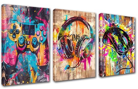 Straßen-Graffiti-Spiel, Kunstwerk für Zuhause, Wände, Computermaus, Kopfhörer, Game-Controller, Bilder, Banksy-Gemälde, 3-teilige Leinwand, Büro, modernes Kunstwerk, Heimdekoration, Holzrahmen, fertig