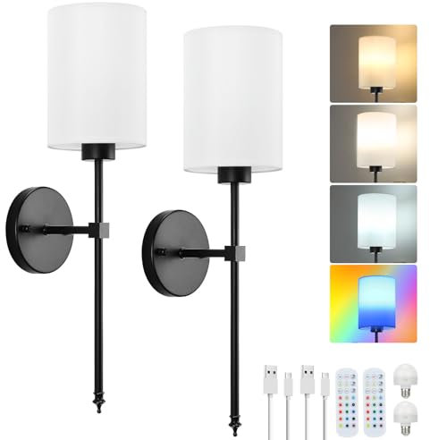 Lightsjoy Battery Operated Wall Lights Wireless Wall Sconces Set of 2 Rechargeable Wall Lamp Battery Powered 3 Color Temperature RGB Dimmable Remote Control Cordless Wall Light for Bedrooms, Black