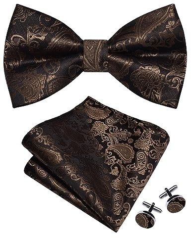 Gusleson Mens Brown Bow Tie Pocket Square Set for Wedding Dusty Brown Pre-Tied Silk Paisley Bowties Handkerchief Cufflinks for Party (UK0497-32)