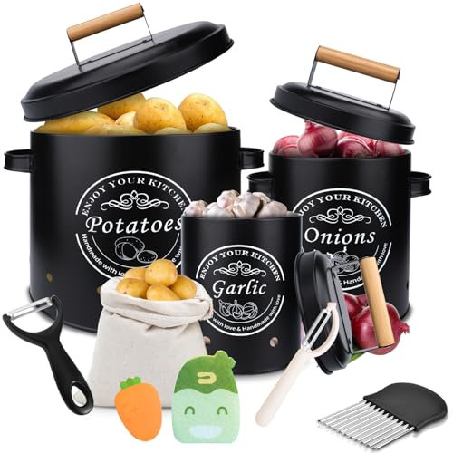 TOSUTO Kartoffel Aufbewahrungsbox 3er Set,Kartoffeltopf,Zwiebeltopf und Knoblauchtopf,Zwiebel Aufbewahrung,Großer Vorratsbehälter aus Metall,Kartoffel Vorratsdosen Set for Hält Gemüse Länger Frisch