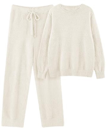 Uikue Fleece-Pyjama-Set für Damen, flauschiges Lounge-Set, Winter, Strick-Pyjama, Loungewear, Nachtwäsche, 2-teilig, weiche Pulloverhose, Outfits, Beige, 2XL