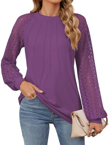 Decorie Camicia Elegante Donna Maglia Manica Lunga in Pizzo Top Blusa Casual T-Shirt Maglietta (Viola, XXL)
