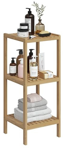Bellamio Badregal Newa mit 3 Ablagen, Badezimmerschrank, Badezimmermöbel aus Bambus lackiert, Standregal Bambus Regal Maße 80x33x33 cm