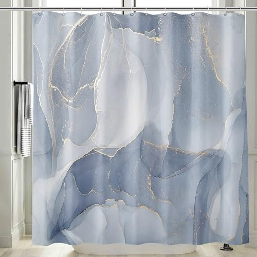 M&W DAS DESIGN Duschvorhang Marmor Muster Luxuriöses Badezimmer Abstraktem Blaugrauem Design Goldakzenten 180x200 cm inkl. 12 C-Ringe Gewicht unten