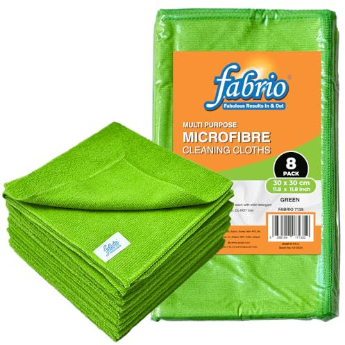 FABRIO Microfibre Cleaning Cloths – Pack of 8, 30x30cm, Ultra-Soft, Lint-Free, Super Absorbent Towels for Kitchen, Car, Glass, and Multi-Surface Cleaning – Green Colour