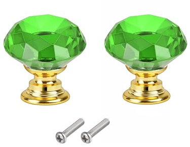 Crystal Drawer Knobs from Hotooldo -30mm Gold Base Glass Drawer Knobs Crystal Door Handles Diamond Shaped Pulls with Screw for Home Kitchen Office Chest Cabinet Drawer,2Pcs Green-Gold Base