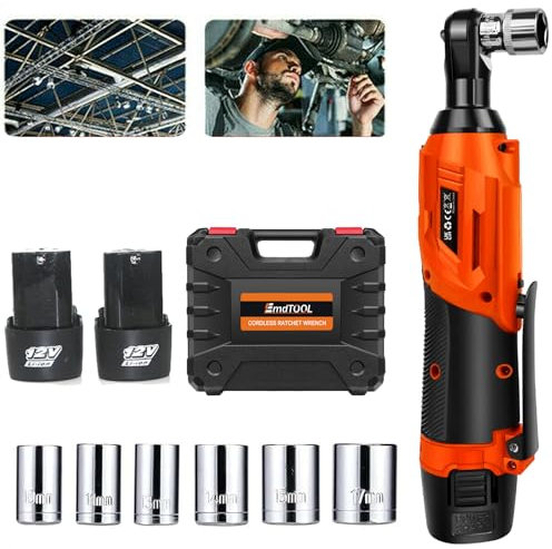 DayPlus Llave de carraca con batería, 2300 RPM, 12 V, con 7 sockets, 2 baterías de iones de litio de 1,5 Ah y cargador rápido, color naranja