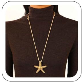 Wendalern Bohemian Gold Starfish Neckalce for Women Large Sea Star Pendant Necklace Adjustable Braided Rope Star Necklace Long Waxed Rope Cord Sweater Chain Marine Life Necklace Ocean Jewelry