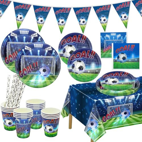 PIXHOTUL Lot de 102 décorations de fête de football - Assiettes en carton - Nappe et bannière pour hommes et garçons - Pour anniversaire, jeu de football, fête