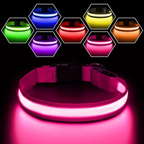 PcEoTllar Leuchthalsband Hund, Leuchtendes Hundehalsband Aufladbar 7 Farben mit 9 Leuchtmodi, LED Halsband für Hunde Wasserdicht, Leuchthalsband für Kleine Mittlere Große Hunde, Rosa-M