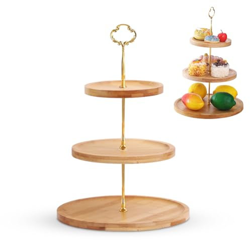 3 Tier Round Cake Stand, Cupcake Stand, Wooden Afternoon Tea Stands Wooden Cake Stand Bamboo with Metal Handle for Birthday Afternoon Tea Wedding Baby Shower Christmas Party