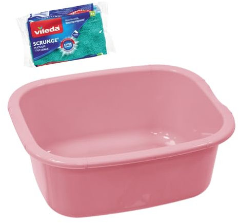 simpa 11L Multi-Purpose Pink Plastic Rectangular Household Cleaning Bowl with 3PC Sponge Pack for Washing Up, Window Cleaning, Car Valeting and Multi Room Spot Cleaning Tasks.