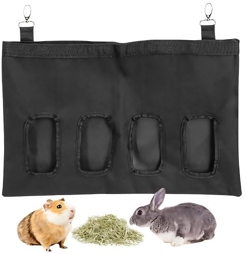 Heuraufe für Kaninchen, 44 x 29 cm Tasche für Heu, Heufutterbeutel, Heu zum Aufhängen mit 4 Fenstern, für kleine Haustiere, Meerschweinchen, wasserdicht