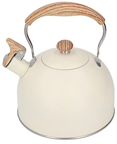 Cocoarm 2.5L Stovetop Kettle Cream Whistling Kettle for Gas Hob, Beige Stainless Steel Gas Kettle Wooden Handle Whistling Tea Kettle for Pouring Safety and Convenience