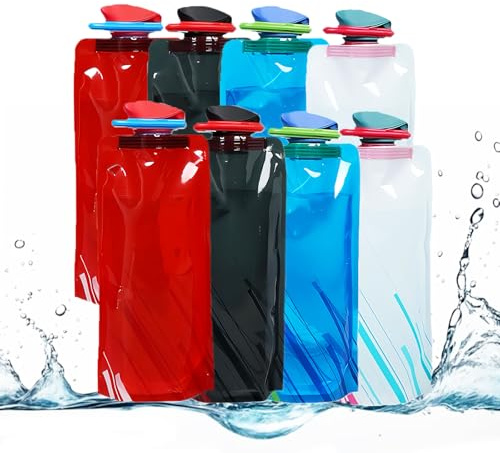 Yanghad Faltbare Trinkflasche, 8 Stück Faltbare Wasserflasche, Outdoor-Trinkbeutel, Trinkflasche Faltbar, Reisewasserflasche mit Karabiner und Schraubverschluss, für Wandern, Abenteuer, Reisen