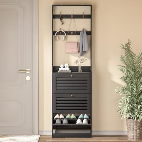 Skokliz Shoe Cabinet with 3 Flip Drawers, Narrow Shoe Storage Cabinet for 18 Pairs, Freestanding Slim Shoe Storage Organiser for Entryway, Hallway, Black
