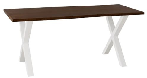 Liadomo Esstisch 140x80 Isa Nuss, Baumkantentisch, Akazie Massivholz Tisch, 26mm Tischplatte Lackiert, Robust & Pflegeleicht, Unikat, X-Gestell Metall weiß
