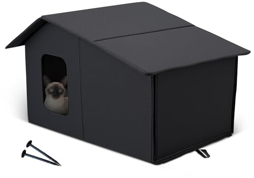 ALLSOPETS Outdoor Cat House Waterproof, Large Warm Pet Shelter for Outdoor & Indoor Use, Foldable Stray Cat House with Removable Soft Mat for Winter (Midnight Black)