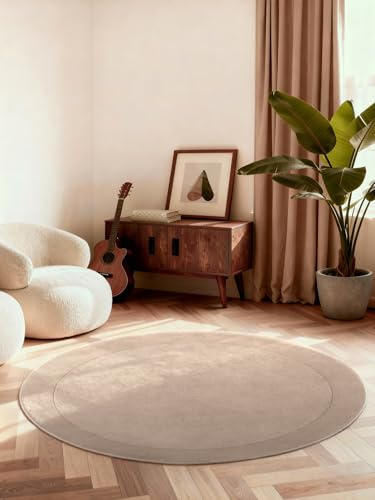 Villeroy & Boch Wollteppich Kivi Rund - Weicher Natur Wohnzimmerteppich mit Bordüre, Handgemacht & Natürlich, Modernes Design für Wohnzimmer, Schlafzimmer, Esszimmer, Flur - Natur Beige, Ø 150 cm
