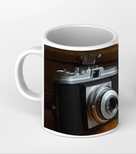 Analógico sobre cámara de fotos con efecto de maleta antigua: negro/blanco como taza de 300 ml, de cerámica blanca, ideal como regalo o su nueva taza favorita.
