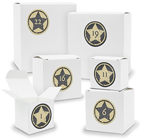 DIY itenga Adventskalender Set zum Selberbefüllen 24 Schachteln Quader und Würfel gemischt WEISS + ZahlenSticker (Motiv Z21 Vintage Sterne/Grau Beige)