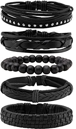 MILAKOO Bracelet Cuir Noir Tressé Homme et Femme Bracelet Perles Bois Ajustable
