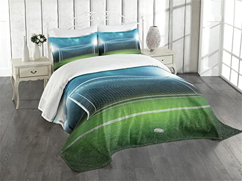 ABAKUHAUS Fußball Tagesdecke Set, Fußball-Fußball-Spiel, Set mit Kissenbezug Mit Digitaldruck, für Einzelbetten 170 x 220 cm, Grün Blau