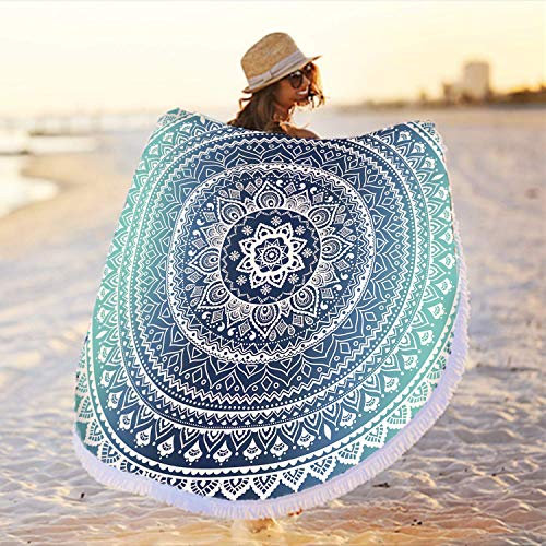 Große runde blaue Mikrofaser-Mandala-Strandtuch-Decke, rund, dick, sanddicht, schnell trocknend, weich, wasserabsorbierend, Mandala, Picknick, Yoga, Wandteppich, Matte mit Quasten für Reisen, 150 cm