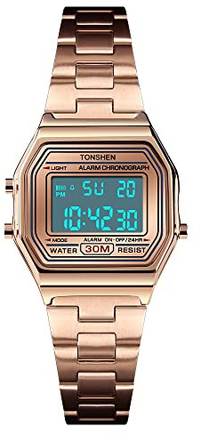 TONSHEN Mode Digitale Acier Inoxydable Montre Fille et Femme LED Électronique Sport Montres Bracelet Multifonctionnelnel Alarme Chronomètre