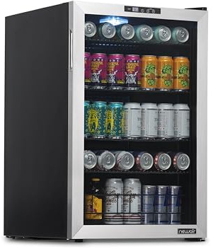NewAir 160 Can Beverage Refrigerator | Freestanding Small Mini Fridge for Bedroom, Home Bar or Living Room | SplitShelf Storage, Digital Thermostat & LED Light | Stainless Steel