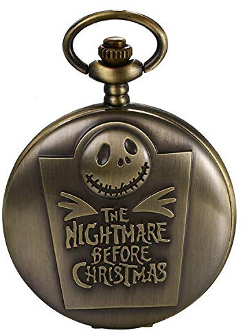 JewelryWe Taschenuhr Herren mit Schädel Totenkopf Skelett aus Burton's Nightmare Before Christmas&Römische Ziffern, Quarz Analog Uhr mit Kette Halskette