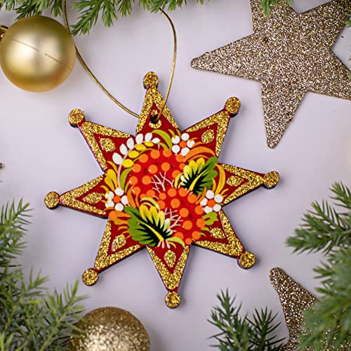 Einzigartiger Weihnachtsbaumschmuck Sterne aus Holz 9 х 9 х 0.5 cm Beidseitig Handbemalt nach Ukrainischer Tradition - Hochwertiges Kunsthandwerk für Ihren Weihnachtsbaum