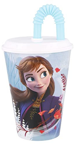 Bicchiere Bambine in plastica Disney Frozen da 430 ml, senza BPA, lavabile e riutilizzabile, con cannuccia e coperchio.