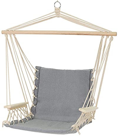 ECD Germany Chaise Suspendue Fauteuil avec 2 Accoudoirs en Bois et Coussin d'Assise en Coton Gris Capacité 120 kg Siège Balançoire pour Intérieur et Extérieur Siège Hamac de JardinTerrasse Maison