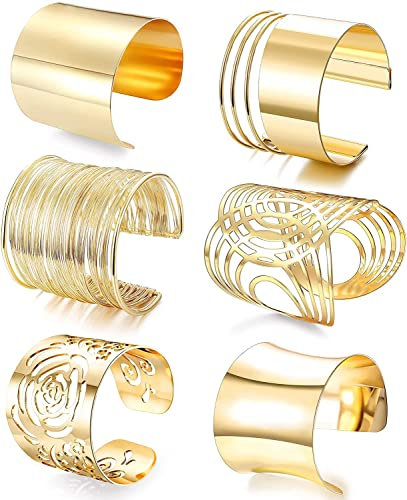 JeweBella 6 Stück Armband Damen Manschette Armreif Set Breit Verstellbare Goldspule Versilbert Armband Oberarm Schmuck