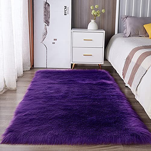 Hruile Kunstfell-Teppich, weicher Teppich, Wohnzimmer/Schlafzimmer, flauschiger Teppich, rechteckige Matten für Boden, Kinderzimmer, Kinderzimmer, Dekoration, Nachttisch, 80 x 180 cm, Lila