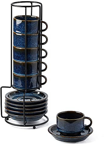 JIEMEI HOME Porcelain Stackable Espresso Cups with Saucers and Metal Stand,4 Ounce Demitasse Cups for Coffee Drinks, Latte, Tea - Set of 6, Stackable Espresso Mugs, Reactive Glaze, Bule