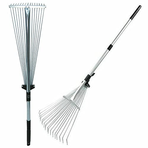 PaMeer 15 Teeth Adjustable Leaf Rake- Adjustable Telescopic Garden Rakes For Lawns - Chrome Finish Aluminium Garden Rake Heavy Duty - Light Weight Lawn Rake ( 82 - 160cm)