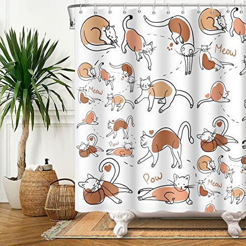 SDOTPMT 105x160cm Nette Katze Duschvorhang Lustige Cartoon Katze spielt Bad Vorhang Kind Thema Kitty Katze Weiß Badewanne Vorhang für Kinder Badezimmer Dekor mit Haken