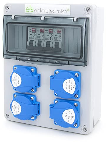 ELS Elektrotechnika Werkstromverteiler Wandverteiler mit Schukostecker 4x230V + 4x LS C16, anschlussfertig, verdrahtet, für Werkstätten, Betriebe, Innen-/Außeneinsatz, IP54