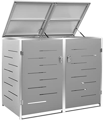 Hommdiy Mülltonnenbox für 2 Tonnen 138x77,5x115,5 cm Rahmen aus Edelstahl Mülltonnenverkleidung Müllbox Mülltonne Müllcontainer Gartenbox Gerätebox Mülltonnenschrank Grau