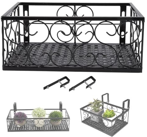 Cesta de Hierro para Colgar Flores, Soporte de Flores para Ventana de Metal Negro, Estante de Barandilla Decorativa, Soporte para Maceta de Flores Suculentas para Balcón, Patio(For 2.5cm Railing)