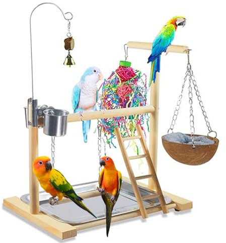 Bird Stand Fun Straw Bell Toys,Parrot Wooden Platform Stand with Perch Ladder, Swing, Bell & Feeder